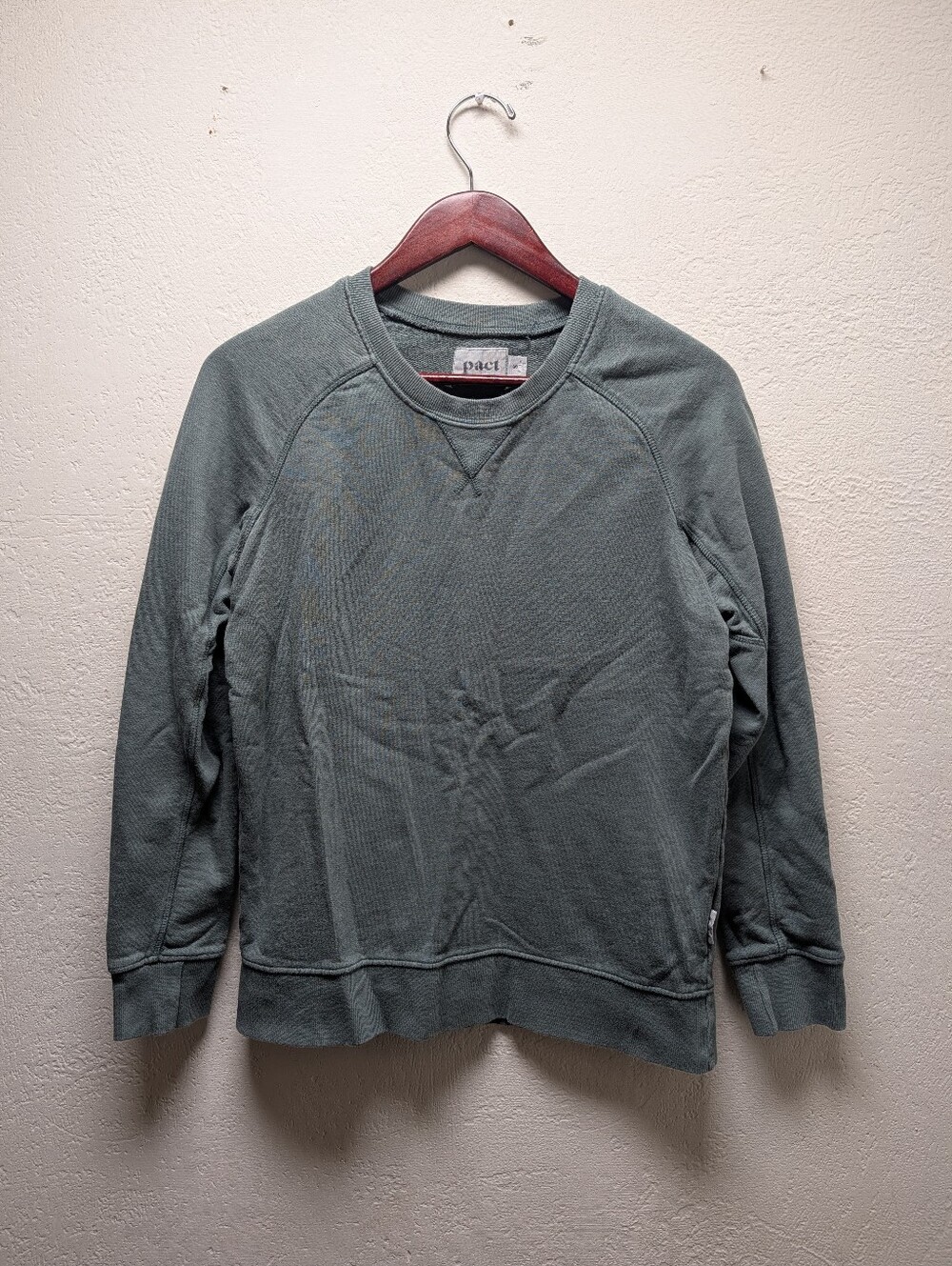 Pact Mens Green Solid Crewneck Pullover Sweatshirt Knit Organic Cotton Sz Small